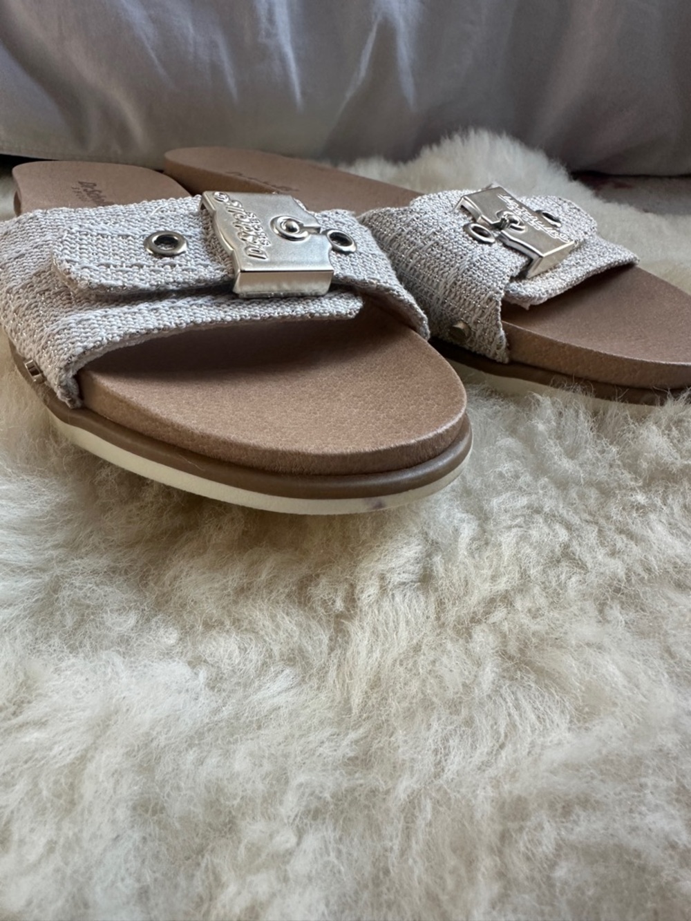 Dr. Scholl’s Nice Iconic Slide Sandals Cream Woven Strap Buckle Comfort Mule - Picture 5 of 11